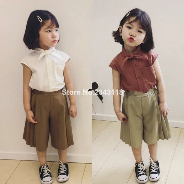 

New Korean Style Girls Summer Clothes Set Cotton Linen Sleeveless Shirt+wide Leg Pants 2pcs Suits Kids Children Casual Outfits