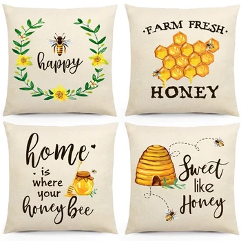 

Honeybee Throw Pillow Covers, Vintage Farmhouse Bee Cotton Linen Pillow Cases with Farm Fresh Honey Home