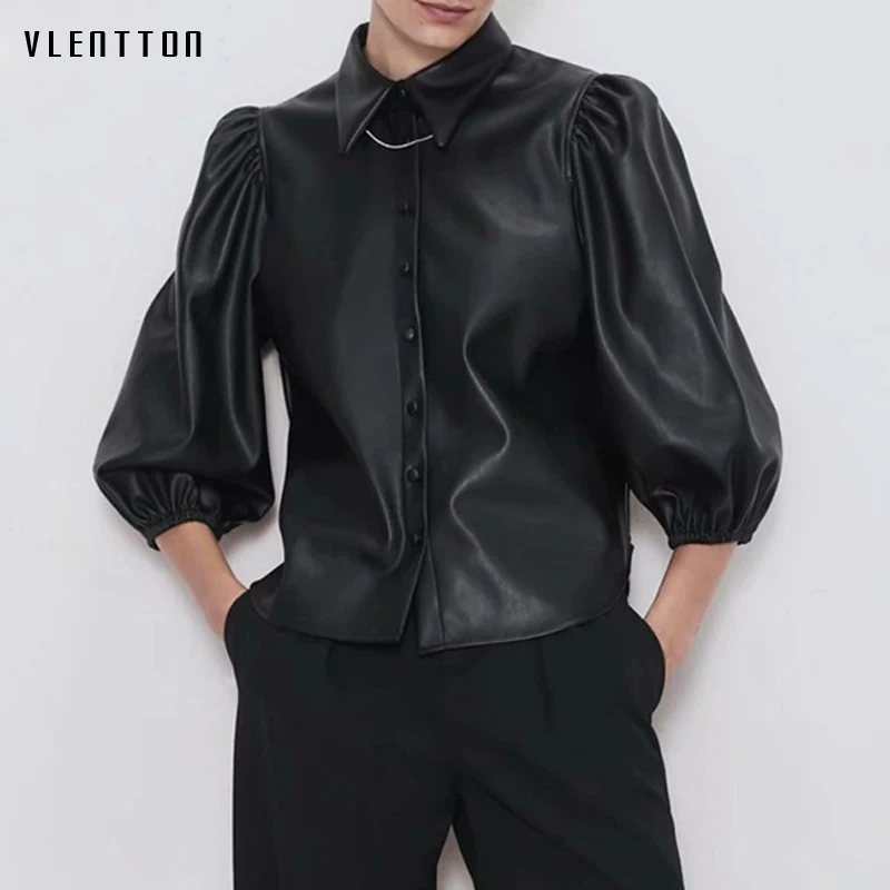 Autumn New Puff sleeve Short Blouse Women Fashion Button Solid Faux Leather Shirts Ladies Casual Black Tops Female Blusas