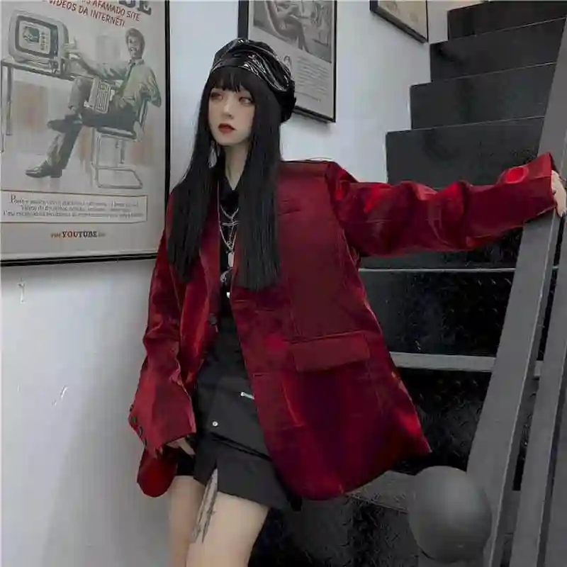 Blazer Bordeaux Femmes Haut Cramoisi Brillant Soie Costume Femme Style Coreen Personnalite Western A La Mode Net Haut Rouge Veste Ample Aliexpress