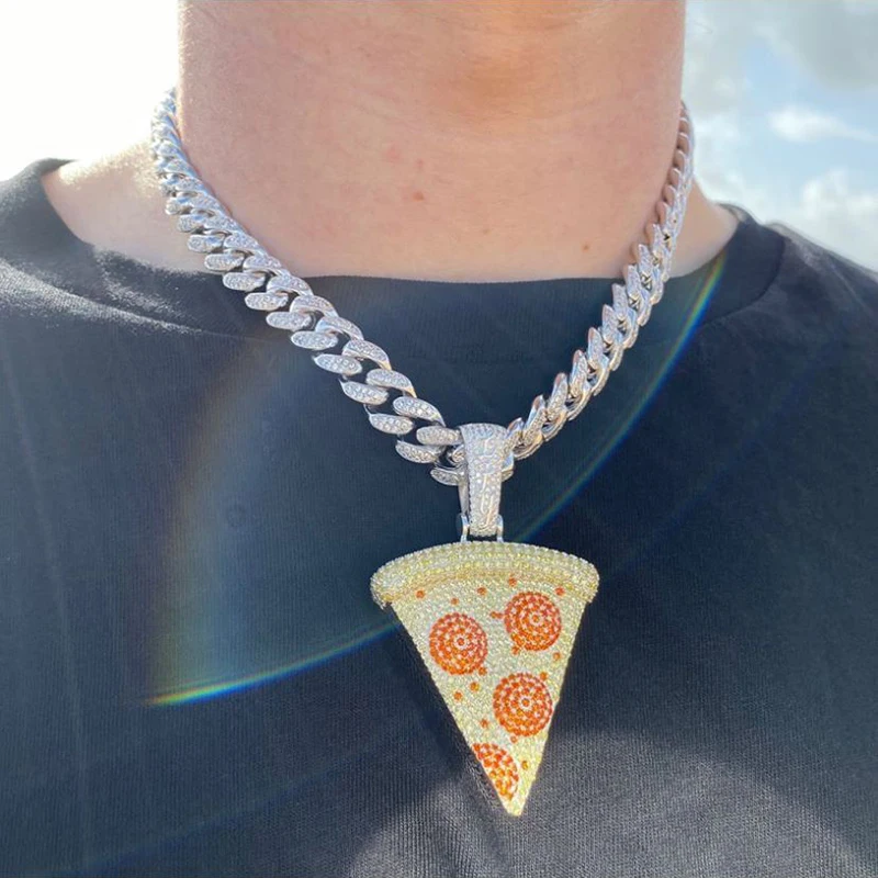 

ADWLOF Cubic Zirconia Iced Out Pizza Shape Pendant & Necklace Copper Micro Paved Zircon Necklace For Men With Tennis Chain