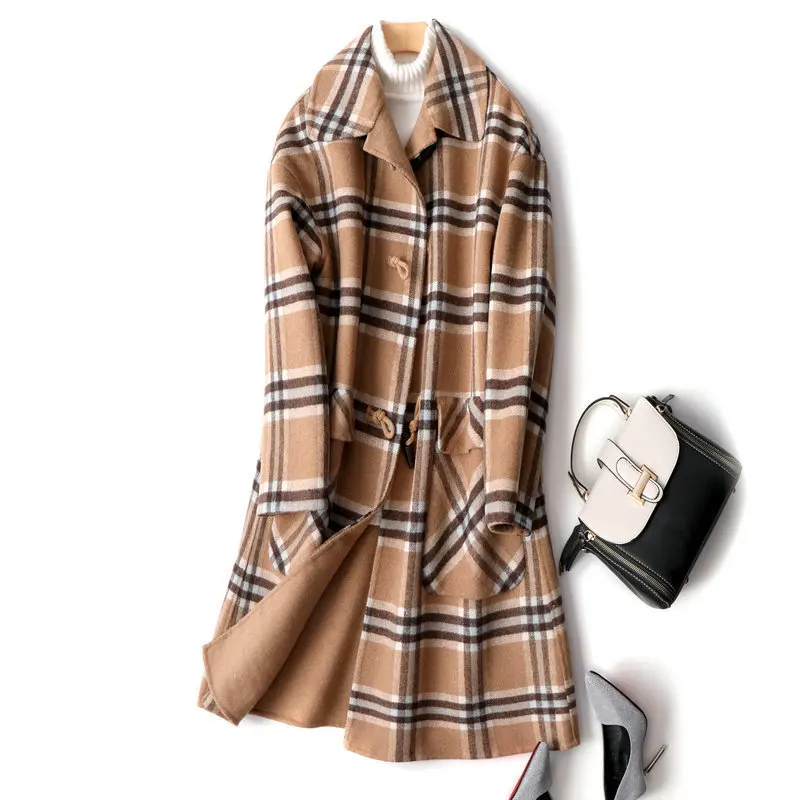 100% Wool coat for women 2020 new plaid double-sided long cashmere female winter spring high-end woolen horn grid | Женская одежда