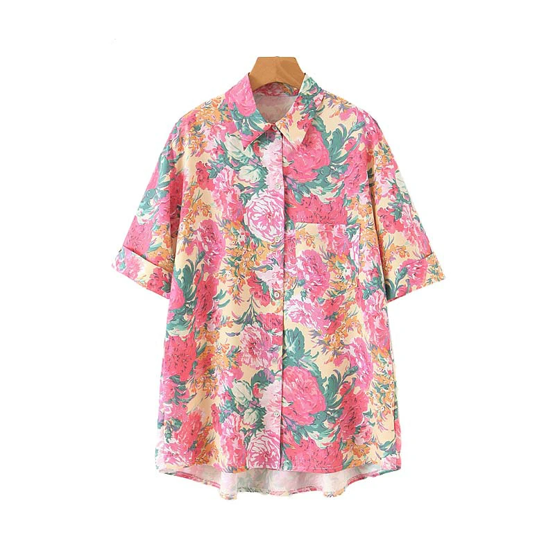 

women pink floral print loose blouse pockets short sleeve turn down collar shirt female beach wear irregular tops