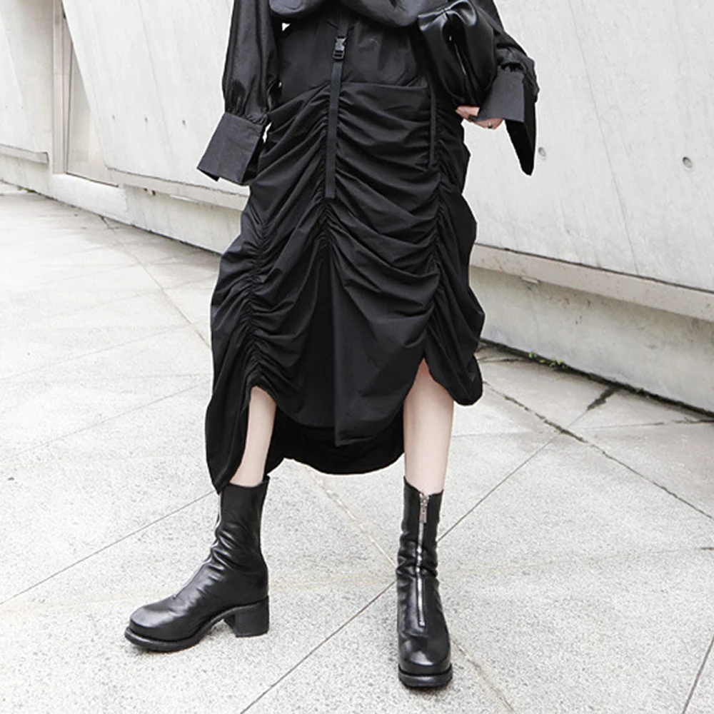 

2020 New Spring Summer Asymmetric Pleated Women Skirt Original Design Adjustable Button Skirts Black Midi Ladies Skirt gonne