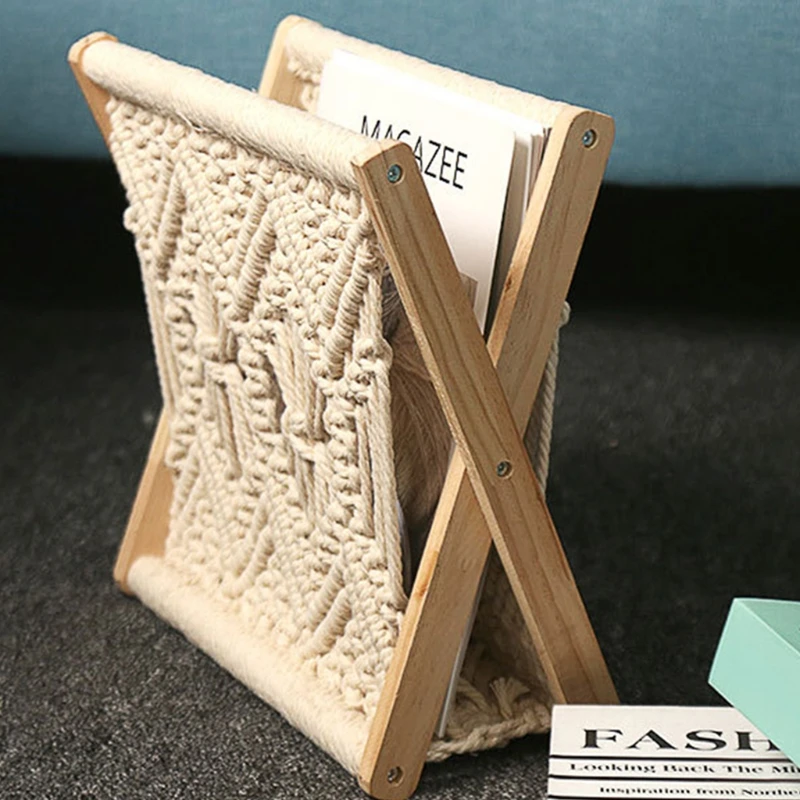 Nordic Cotton Woven Storage Basket Boho Macrame Knitting Folding Magazine Rack Desktop Book Shelf