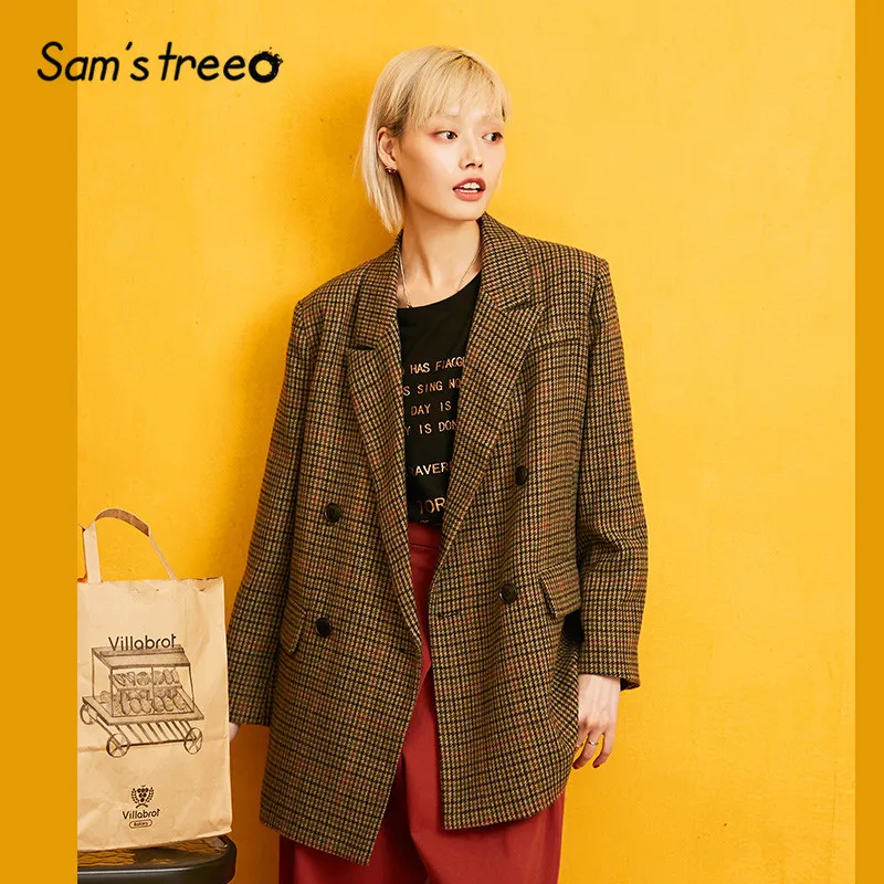 

SAM'S TREE Plaid Button Front Brit Graphics Women Coat 2019 Autumn Long Sleeve Belt Casual Korean British Female Blazer Tops