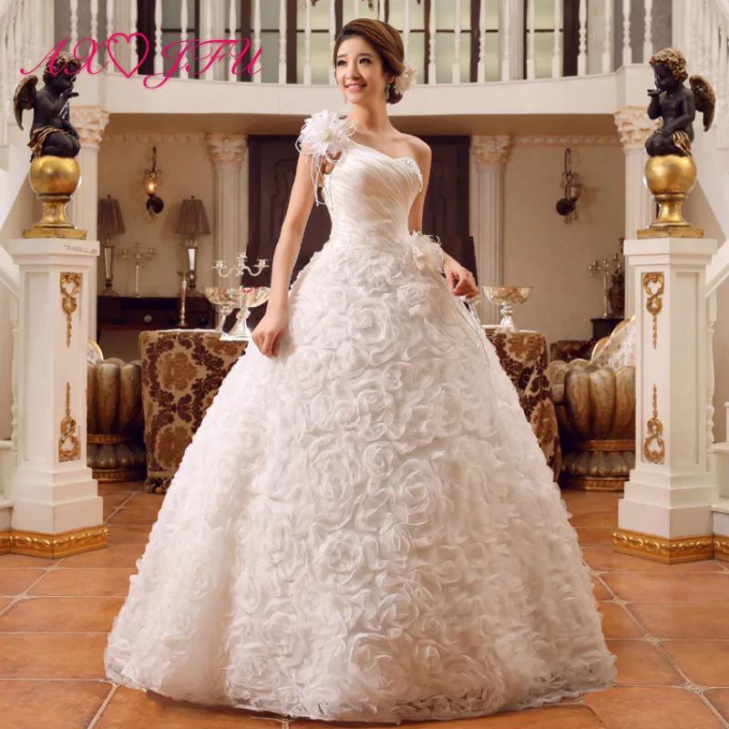 AXJFU beauty rose lace white wedding Dress vintage one shoulder beading crystal sleeveless flower ball gown white wedding dress