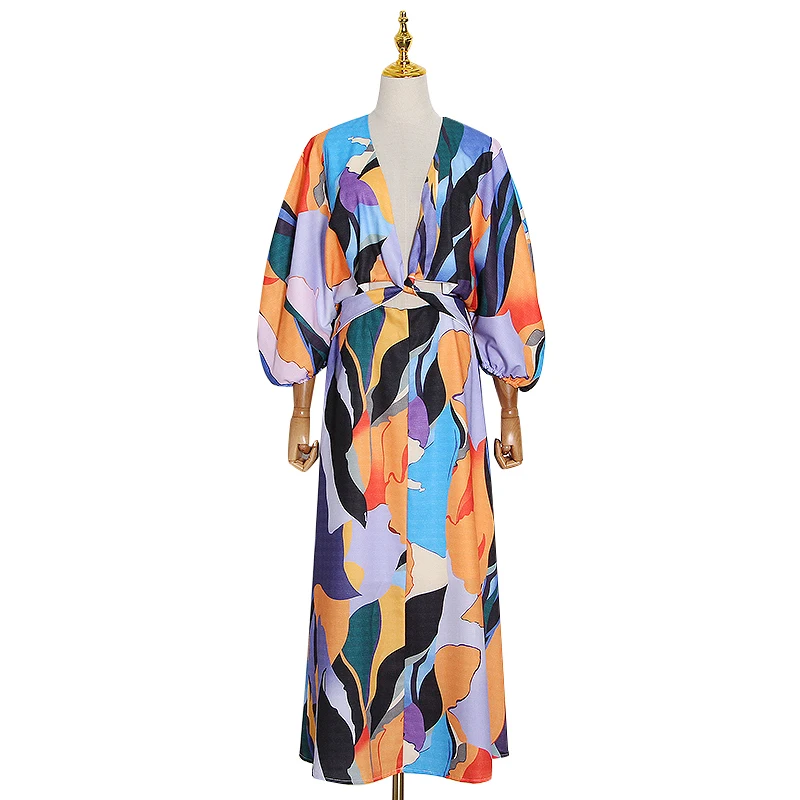 800.jpg TWOTWINSTYLE Casual Print Summer Dress Women V Neck Lantern Half Sleeve High Waist Hollow Out Hit Color Midi Dresses For Female