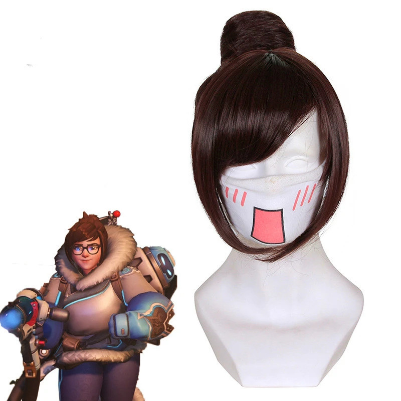 

Game Overwatch Mei Cosplay Wig OW 30cm Brown Short Bobo High Temperature Fiber Hair Wig with Buns Women Girls