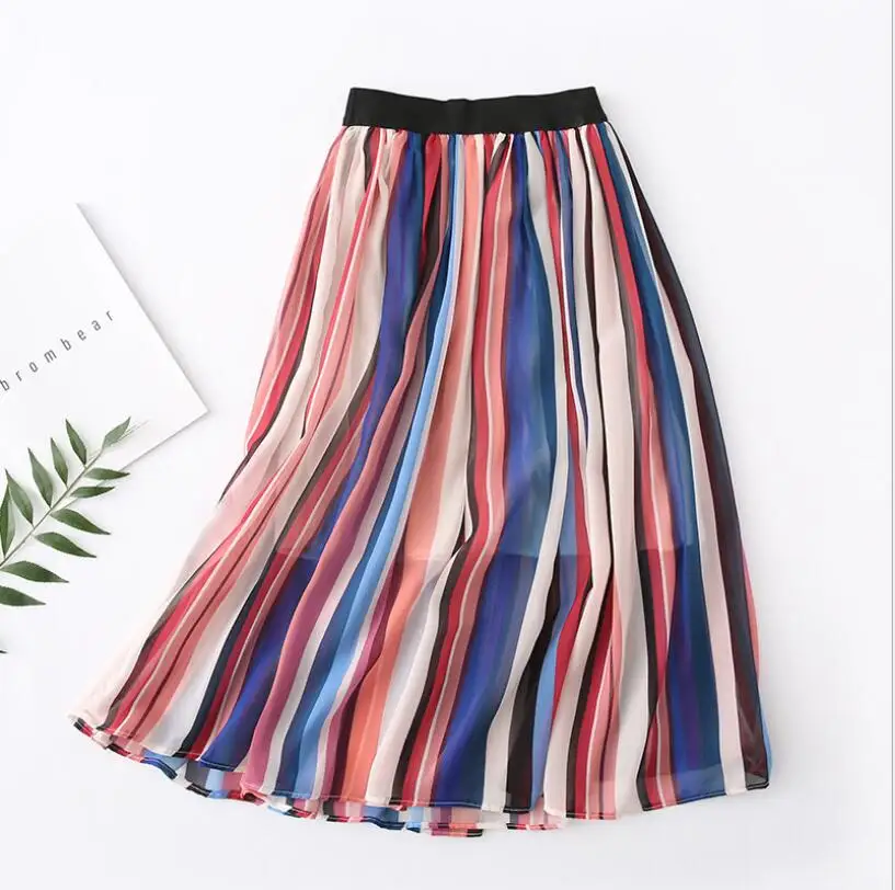 

Qooth Women Fashion Chiffon Stripped Skirts New Spring Colorful Elastic Waist Mid-calf Skirt Female Long Pleated Skirt qh2005
