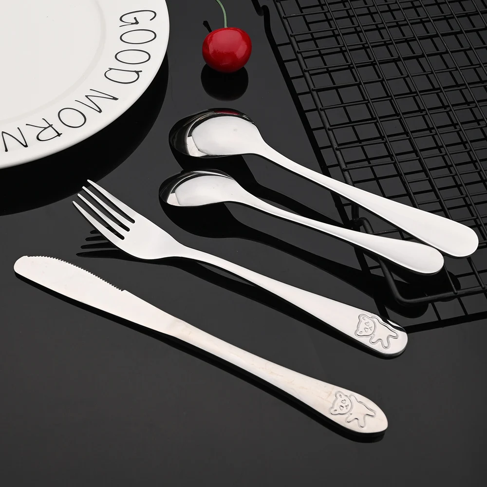 Tableware For Children Cartoon China Giant Panda Stainless Steel Kids Cutlery Set 4Pcs Dining Knife Fork Tablespoon Picnic Set