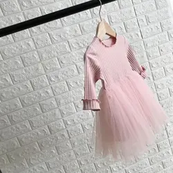 Meninas do bebê vestidos primavera outono manga longa malha retalhos rosa crianças gaze vestido bonito da menina da forma saias selvagens crianças roupas
