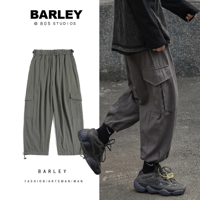 

Autumn Winter Men Big Pockets Cargo Pants Casual Loose Elastic Waist Ankle Banded Pants Military Male Black Gray Trousers