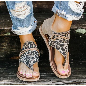 

2020 Sexy Leopard Woman Sandals Ladies Casual Print Flats Female Fashion Flip Flops Women's Zip Footwear Women Shoes Plus Size