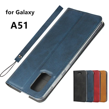 

Premium Leather flip Case for Samsung Galaxy A51 A515F Ultra-Thin Magnetic adsorption Cover A51 Case business holster +1 Lanyard