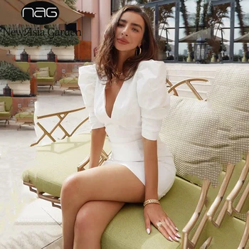 

NewAsia Garden Sexy Dress Women Deep V-neck Backless Buckle White Dress Puff Half Sleeve Mini Solid Color Vestido Ladies Dresses