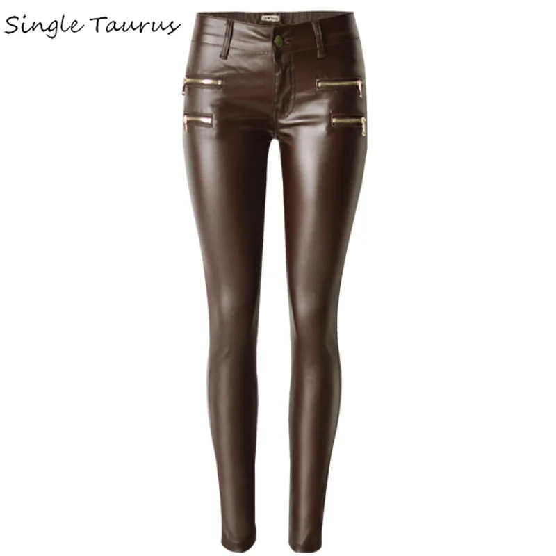 Коричневые обтягивающие брюки с низкой талией, женские джинсы с эффектом пуш-ап из искусственной кожи, женские модные эластичные кожаные брюки с имитацией молнии