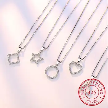 

5 Modle 925 Sterling Silver Crystal Zircon Star Heart Circle Square Pendant Necklace For Women Match 45cm Chain choker kolye