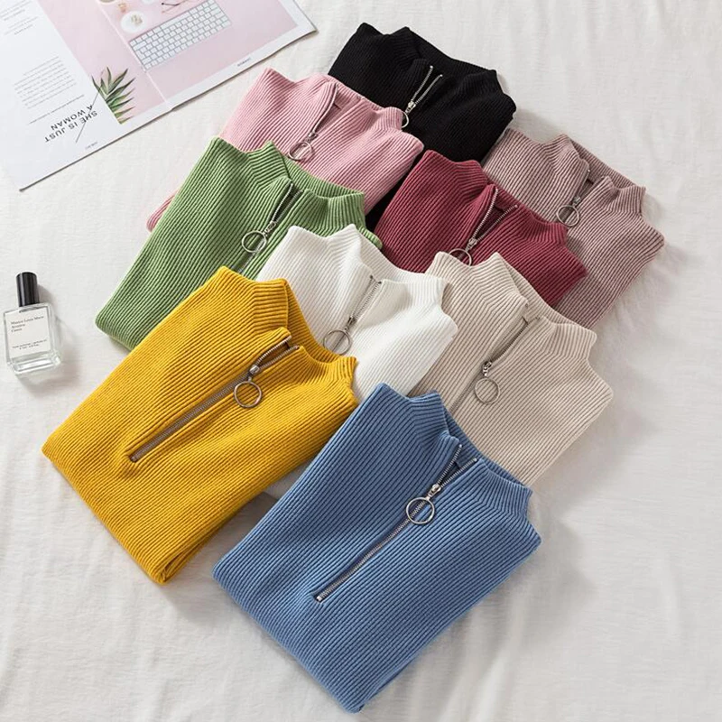 Casual Zipper Women Sweater Turtleneck 2019 Autumn Winter Knitted Pullovers Long Sleeve Soft Slim-fit tight Jumper Tops | Женская одежда
