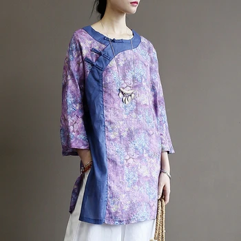 

Chinese Retro Diagonal Buckle Jacket Loose Mid-length 7-sleeve Ramie Shirt Color Linen Women's Autumn Clothes Vintage Robe