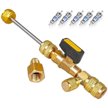 

Valve Core Remover Installer Tool with Dual Size SAE 1/4 & 5/16 Port for R22 R410 , 5x Valve Cores with Teflon Seal
