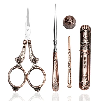 

MIUSIE 5Pcs Exquisite Vintage Scissors Set Scissors+Needle Storage Tube+Awl+Needle Thread+Thimble Retro Sewing Scissors