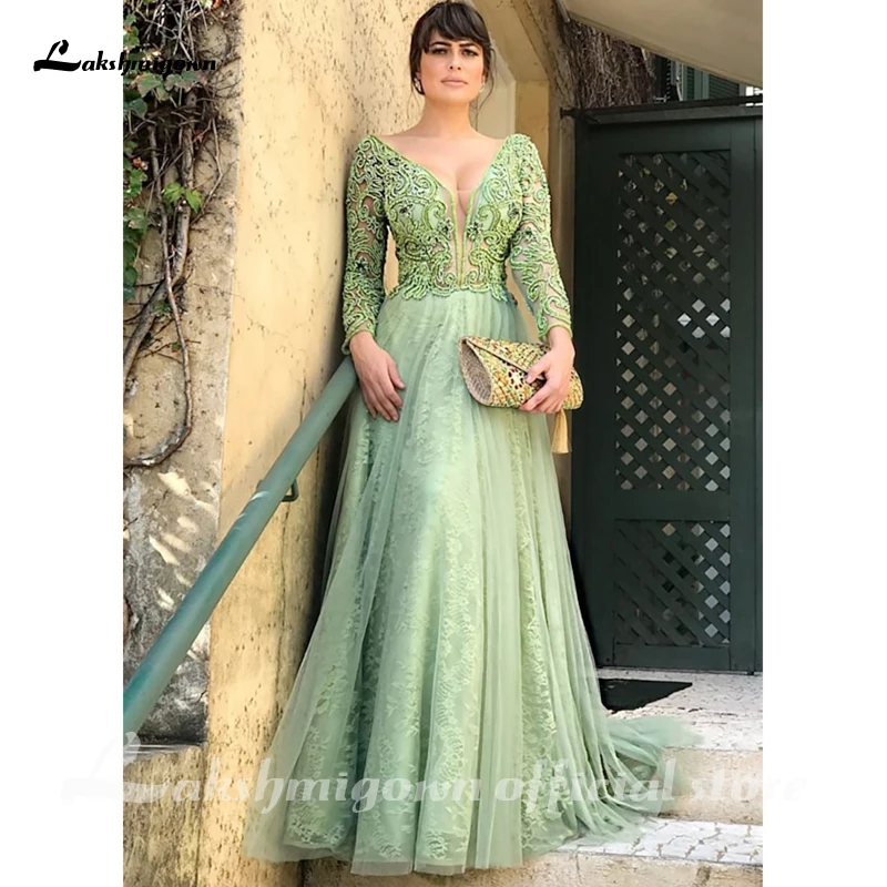 Mother Bride Dresses Emerald Long Sleeve Floor Length Tulle with lace Appliques