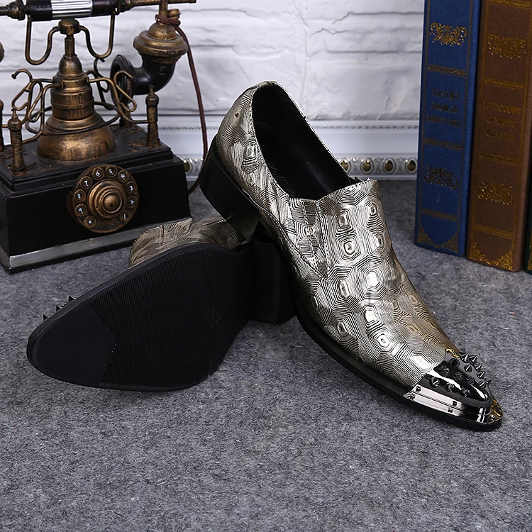 Christia Bella Silver Oxfords Derby Men Real Leather Shoes Iron Pointed Top Rivet Shoes Slip on Dress Formal Handmade Shoes