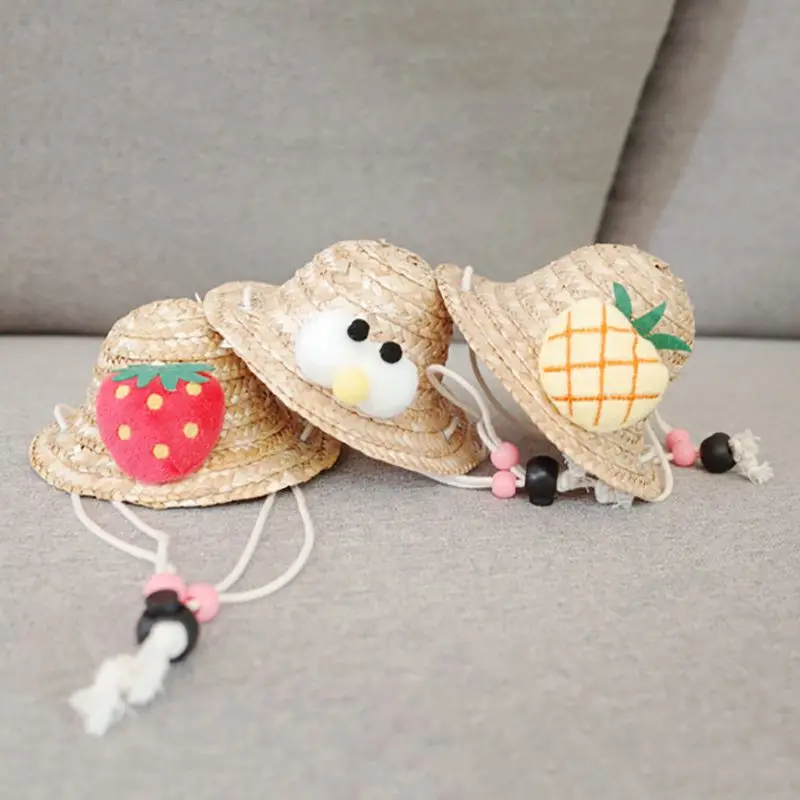 Colorful Straw Hat And Neckerchief Set Hawaii Style Pet Cat Dog Lovely Sun Hat With Adjustable Chin Strap And Scarf Accessories