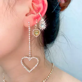 

Flatfoosie Korean Fashion Heart Crystal Drop Earring For Women Silver Color Shiny Rhinestone Long Earrings Statement Jewelry