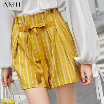 

Amii Minimalist Spring Summer Pleated Stripe Shorts Women High Waist belt Loose Wide-leg Shorts 11930119