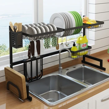 

Kitchen contains artifact, stainless steel shelf, sink, knife, chopstick, bowl, cabinet, asphalt dish rack shelf organizer