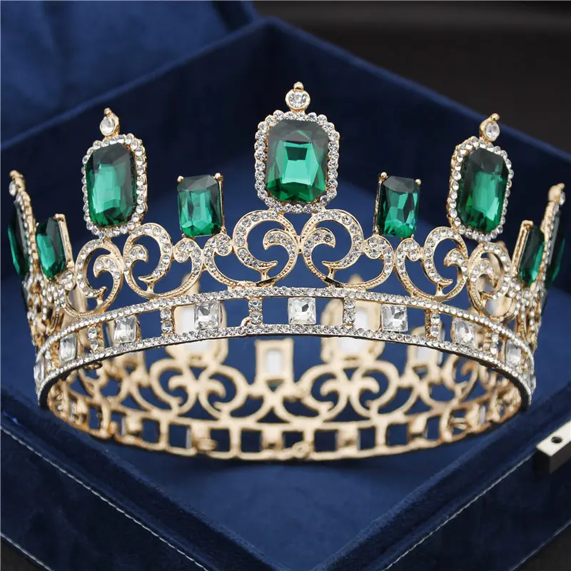 6 цветов, большая свадебная диадема в стиле барокко для королевы, короля, невесты, Променад, украшения для волос, круг, диадема, аксессуары - Окраска металла: Gold Green