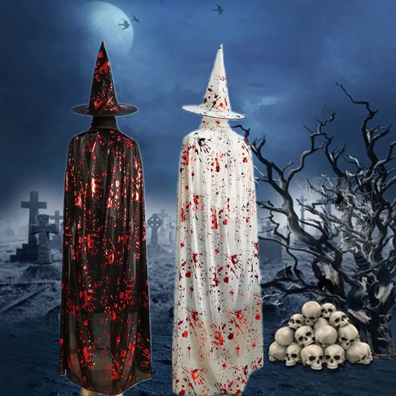 Карнавальный костюм на Хэллоуин для взрослых и детей, страшный Блестящий плащ с кровавым принтом руки и шляпой ведьмы, плащ-накидка «злой демон», карнавальный костюм, вечерние реквизиты