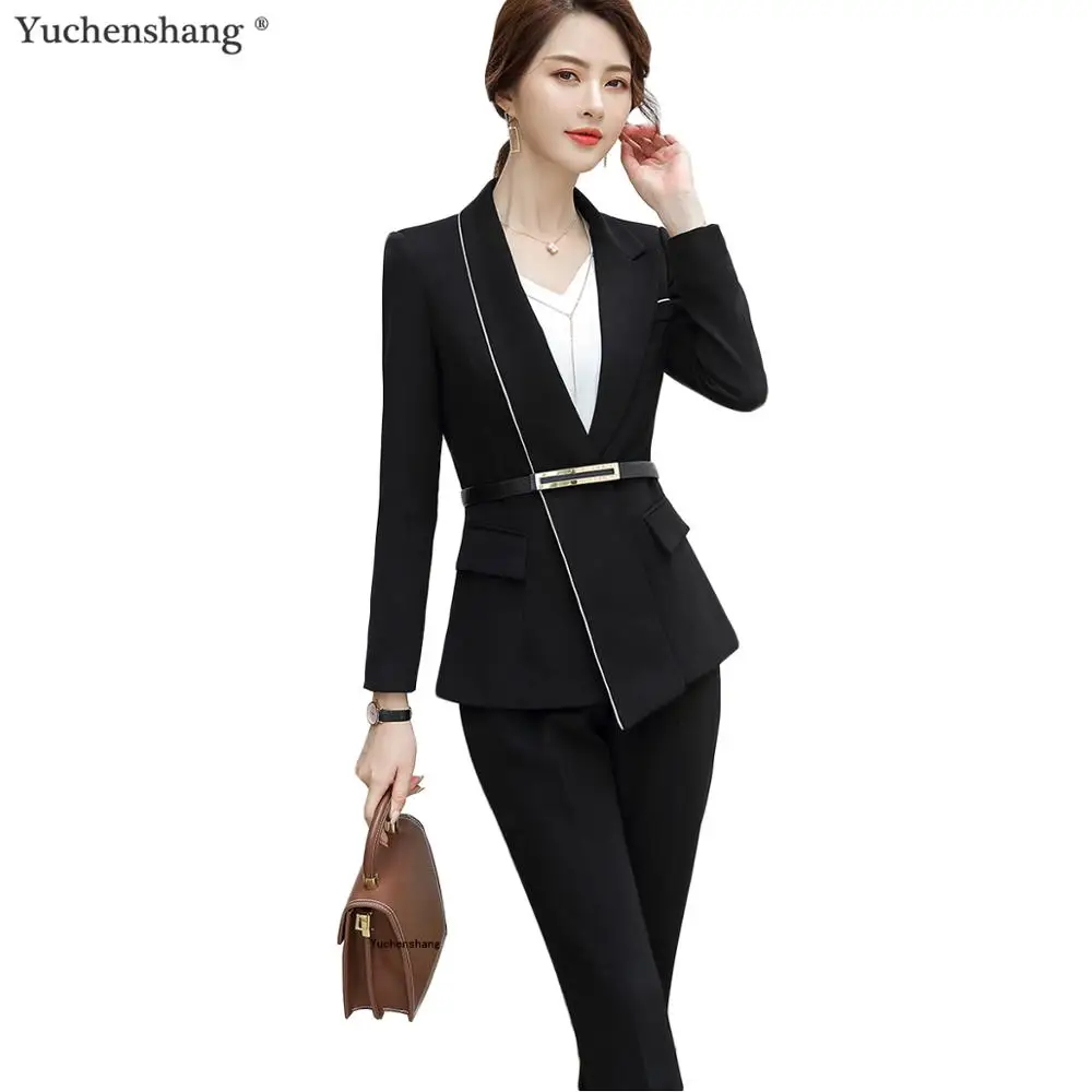 Женский черно-белый брючный костюм, зимний S-5XL, Модный китайский стиль для отеля, для работы в самолете, женский костюм, комплект из блейзера и штанов