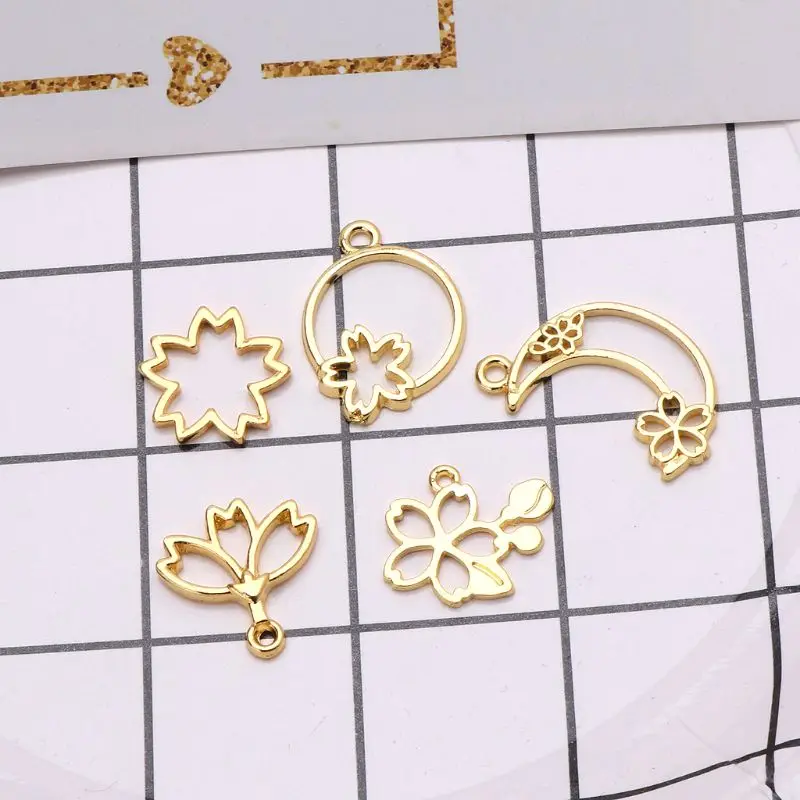 

5Pcs Cherry Flower Open Bezel Charm Pressed Flower Blank Frame Hollow Pendants