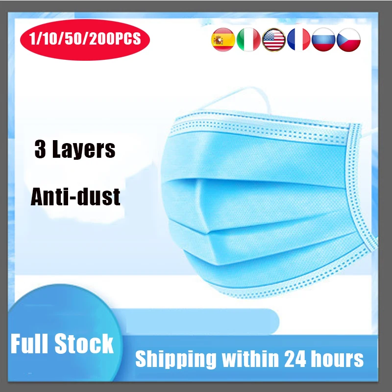 

100 Pcs Face Mouth Mask Disposable Protect 3 Layers Filter Dustproof Earloop Non Woven Mouth Masks 48 Hours Shipping Wholesal JY