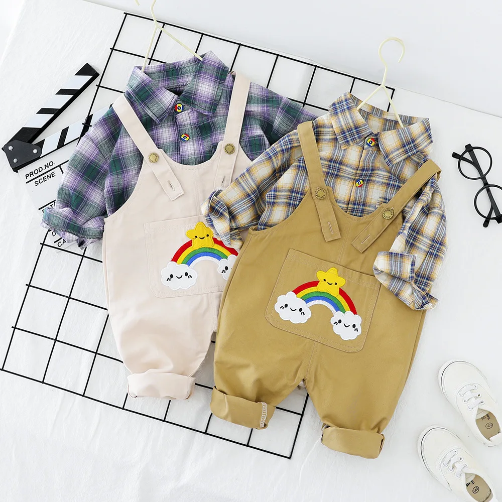 

Childrenswear 2020 Children Baby Spring And Autumn Plaid Shirt Rainbow Star Suspender Pants Two-Piece Set