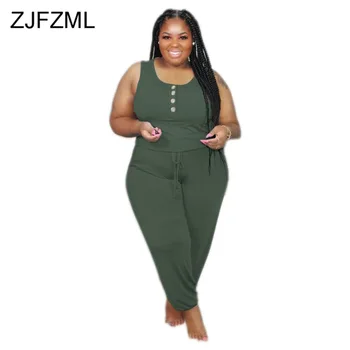 

Buttons Up Summer Long One Piece Overalls For Women O Neck High Waist Plus Size Romper Fashion Sleeveless Club Party Jumpsuits