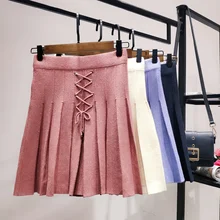 Модная однотонная трендовая тонкая Осенняя Мини Короткая зимняя вязаная юбка с завязками Женская Повседневная плиссированная юбка трапециевидной формы с высокой талией Falda