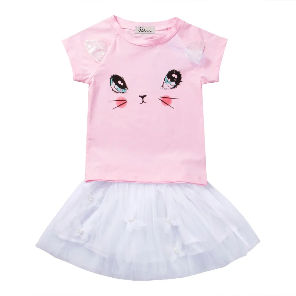 

Girl Dress 2Pcs Kids Baby Girls Outfits Clothes Cat Print T-shirt Tops Tutu Skirt Dress Clothes Set