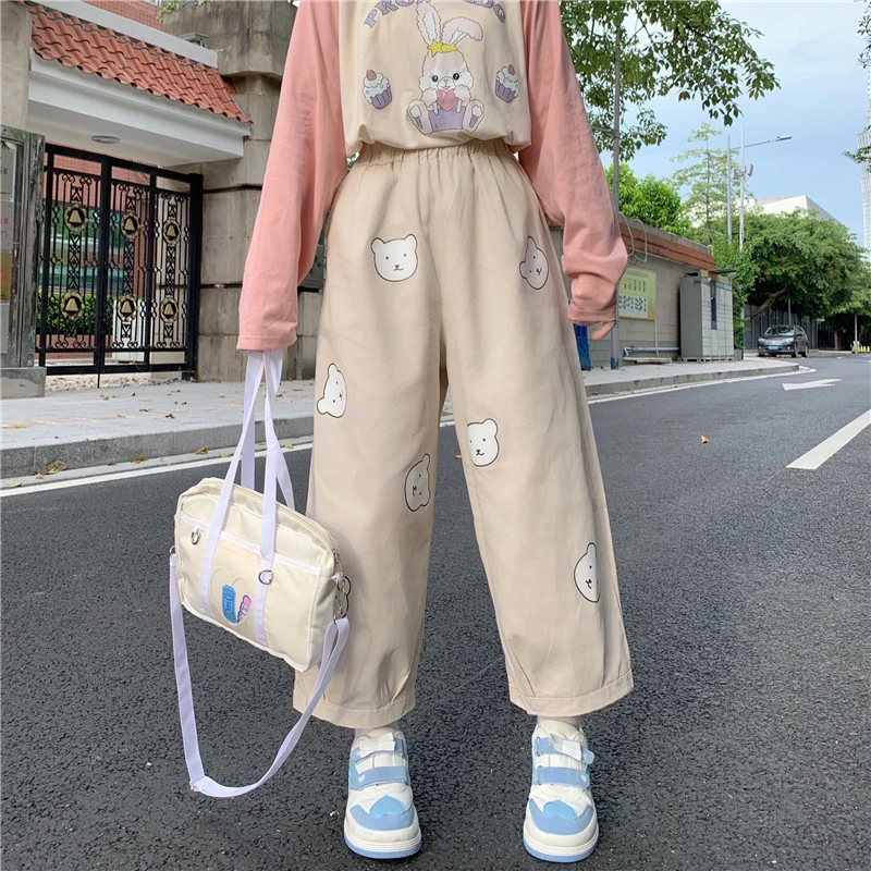 Pantalones japoneses Kawaii para mujer, pantalón suave estampado de oso, pantalones sueltos de cintura alta, cintura elástica, informal, para estudiantes|Pantalones y pantalones capri| - AliExpress