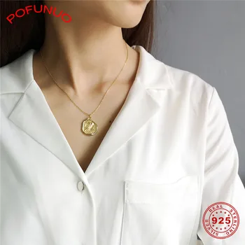 

POFUNUO Korean Style 925 Sterling Silver Women Gold Necklace Geometric Irregular Owl Pendant Necklace Minimalism Luxury Chokers