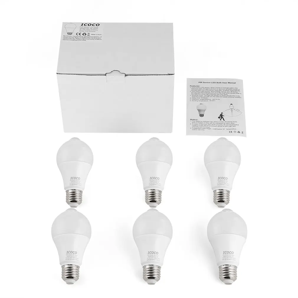 

ICOCO 6pcs PIR Motion Sensor LED Bulb Lights Bulb E26 7W 3000K for Front Door Garage Carport Basement Corridor Hallway Closet!
