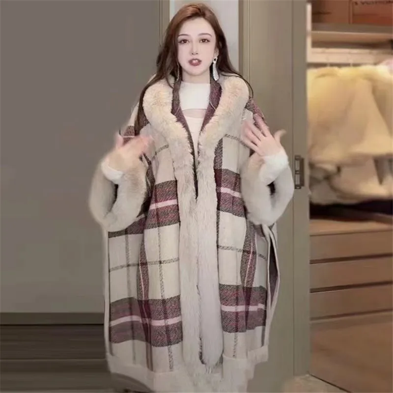 

Hooded Cloak Coat Female Autumn Winter New Fur Collar Plaid Fringed Cardigan Mid-length Thickened Jacket Women's Clothing ZM069