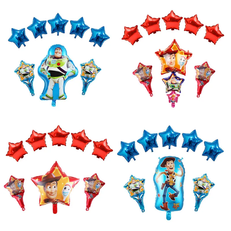 8pcs Toy Story 4 Buzz Light year foil balloons 10inch red star shape hand stick air globos birthday party decorations kids toys | Дом и сад