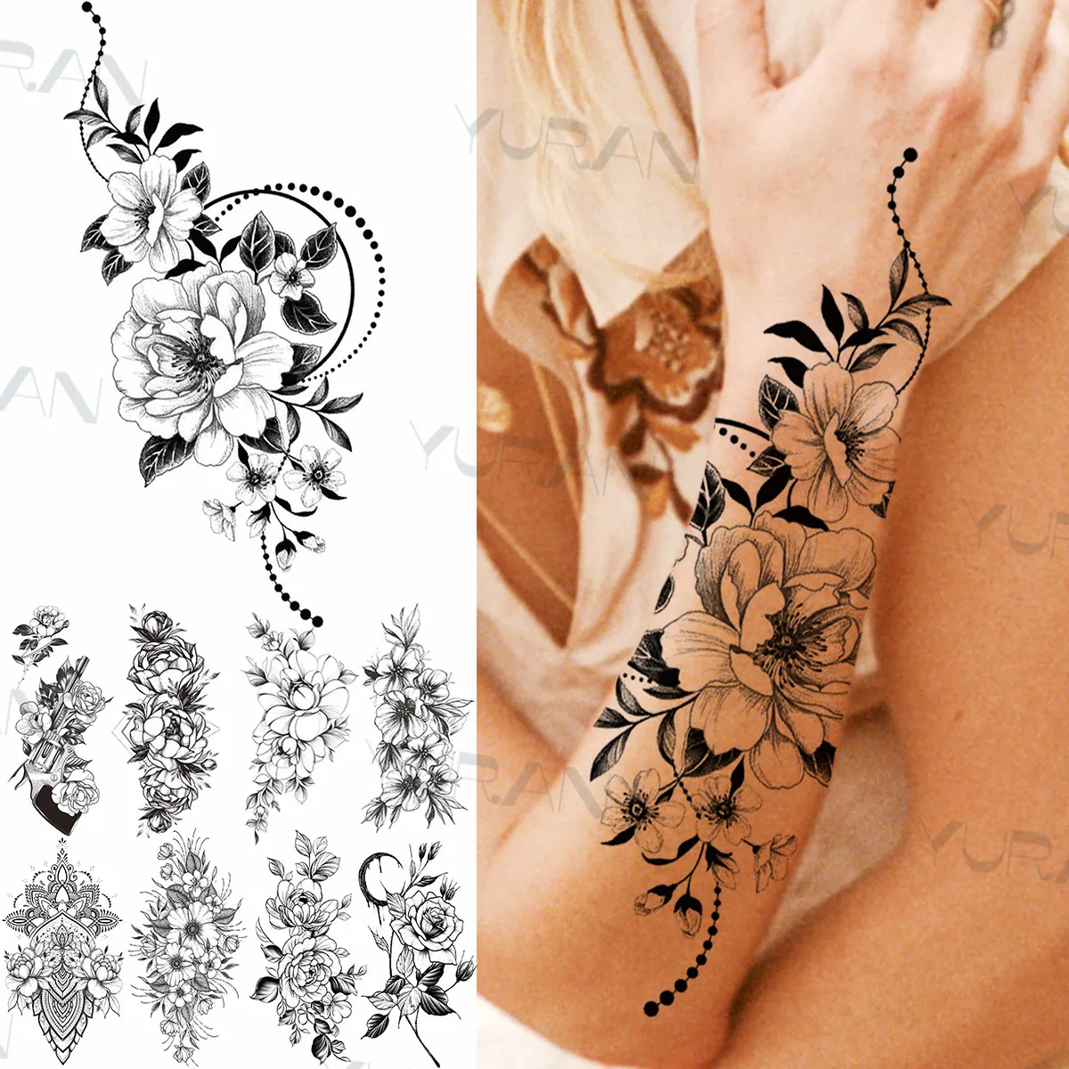 Adesivo de tatuagem temporária impermeável para as mulheres preto flor arte  do corpo transferência abstrata tatoo falso água esboço preto linha manga -  AliExpress