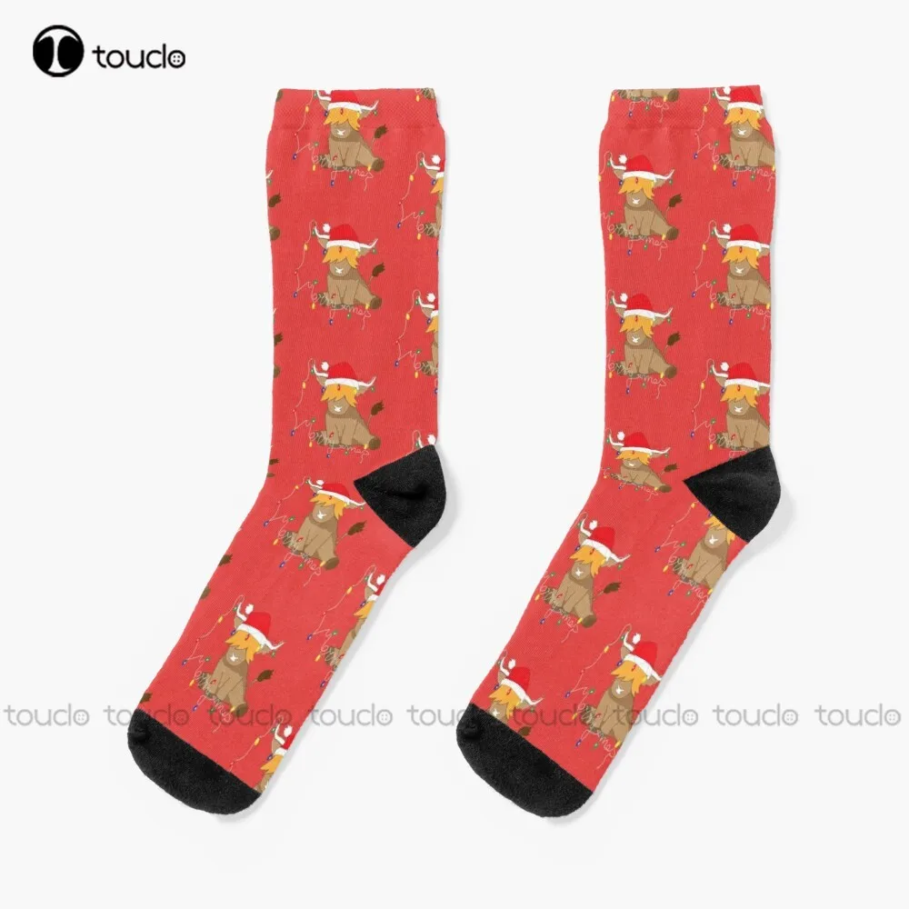 

Cute Highland Cow Christmas Lights Red Santa Hat Socks Black Socks Men Personalized Custom Unisex Adult Teen Youth Socks Gift