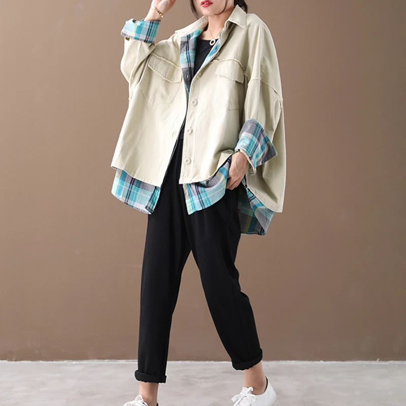 Finest  CHICEVER Korean Patchwork Hit Color Women's Jacket Lapel Collar Long Sleeve Oversized Loose Coat Fe
