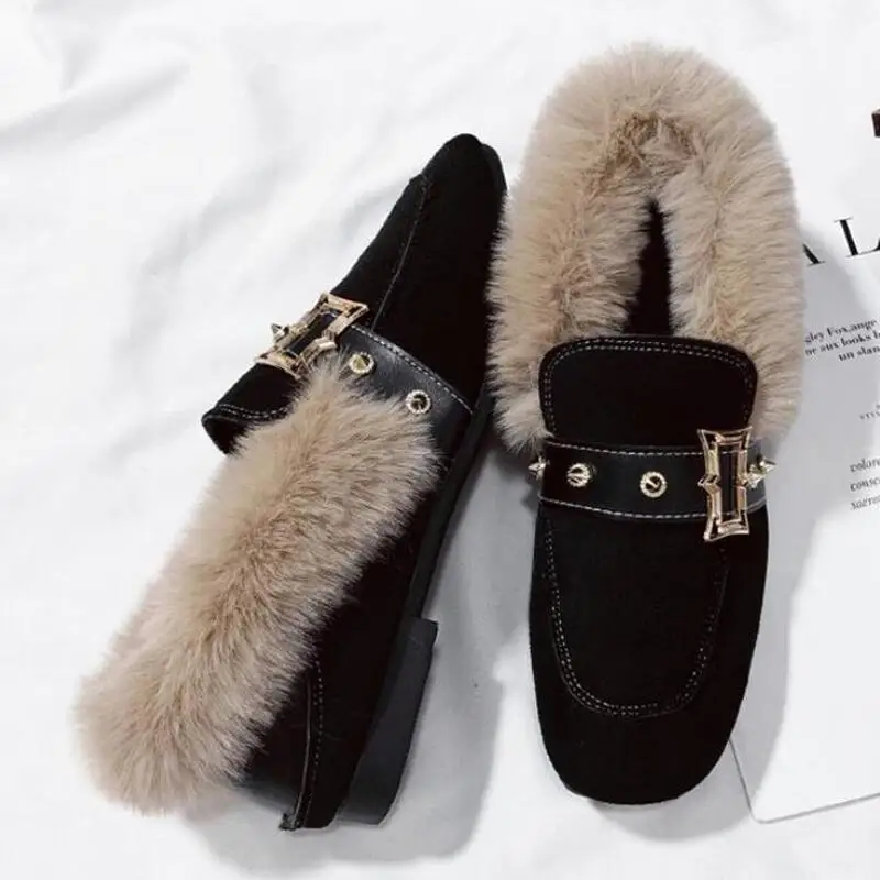 

Fashion Suede Women Flat Shoes Plus Velvet One-legged Rabbit Fur Shoes Female Comfortable Women Loafers Casual Flat Shoes Women